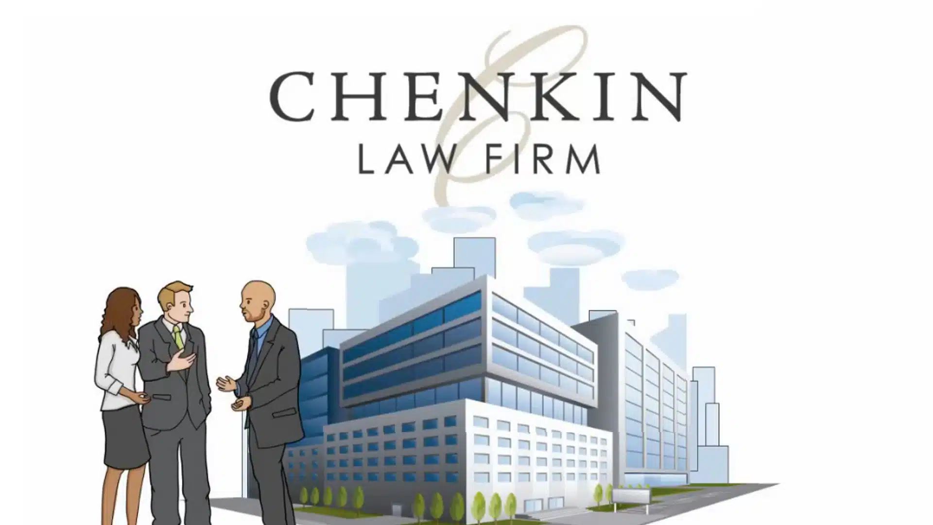 Business professionals outside law firm building.